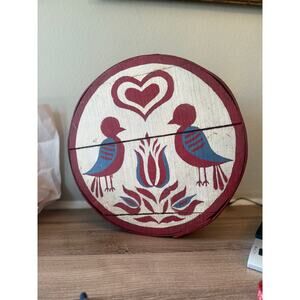 Vintage Wooden Cheese Box – Hand Painted Folk Art Lovebirds – 15” Round